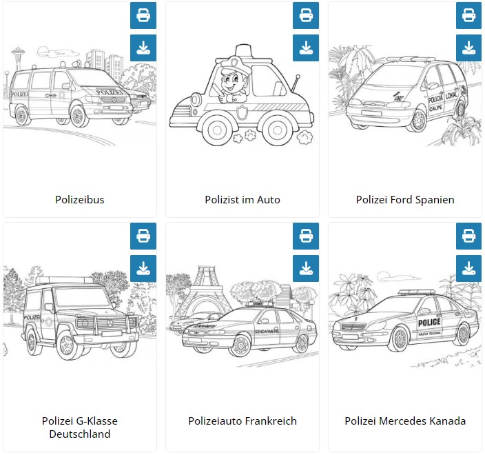 Kostenlose Ausmalbilder: Polizeiautos zum Ausdrucken für Kinder